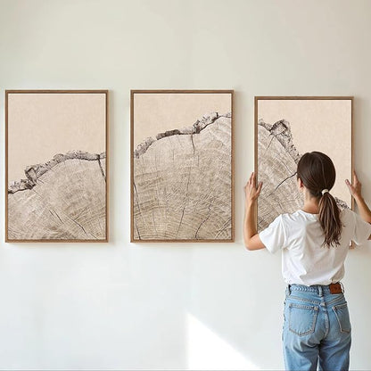 SIGNINART Large Tree Ring Framed Canvas Wall Art Set, Rustic Beige Nature Wooden Wall Decor, Neutral Wood Stump Artwork, Modern Art Prints for Bedroom Living Room Office 16"x24"x3