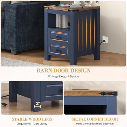 Apicizon Side Table, Farmhouse End Table with Charging Station and Storage Cabinet, 17'' Bedside Table with Drawers, Rustic Small Coffee Table for Living Room, Bedroom