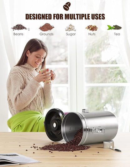 HAIOOU Airtight Coffee Canister, 16OZ Small Stainless Steel Coffee Bean Storage Container with Date Tracker, Measuring Scoop, CO2 Releasing Valves and Mini Tongs for Beans, Grounds and more - Silver
