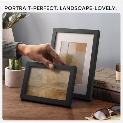 Homeforia 8x10 Picture Frame Black Wood, High End Oak 8 x 10 Wooden Frames with Mat 5 by 7 Print, 8x10 Frame Matted to 5x7 inch Photo, 8by10 Wall or Tabletop Frames, Tempered Glass, Wall Kit, Set of 1
