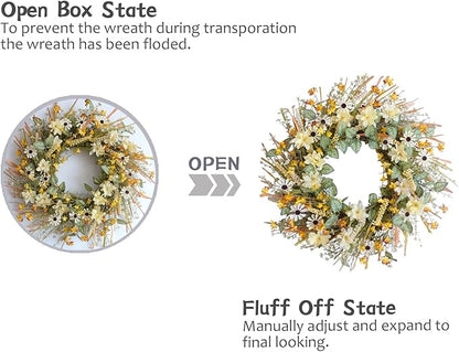 idyllic 20 Inches Spring Summer Front Door Wreath, Yellow and White Daisies Flowers, Ear of Wheat, Green Leaves Wreath for Front Door