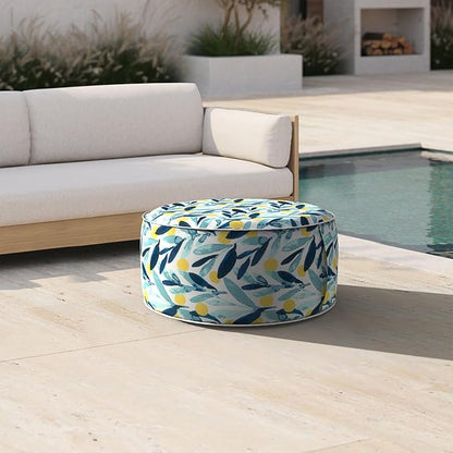 Inflatable Ottoman Stool D21 xH9 for Outdoor/Indoor Use, Water Repellent Patio Foot Rest Stool with Portable Handle,Round Pouf Ottoman Suitable for Garden,Deck and Camping - Leaves Multi