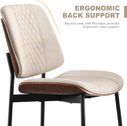 BV Dining Chairs Set of 4, PU Leather Armless Kitchen Chair in Modern Walnut Style, Mid Century Bentwood Side Chair with Metal Legs, Retro Accent Guest Chair for Kitchen Dining Room(Beige)