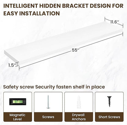 55 Inch Floating Shelves, 12 Inch Deep Floating Shelves for Wall, Floating Shelf with Invisible Brackets, 55 Inch Wide x 12 Inch Deep Wall Shelves for Bathroom, Bedroom, Living Room,1 Pack,White