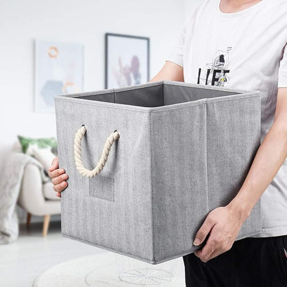 Robuy Cube Storage Bins,Grey Fabric Foldable Storage Bins,Set of 3 Stroage Boxes with Cotton Rope Handles for Organizer Home,Office, Nursery 13x13x13 inch