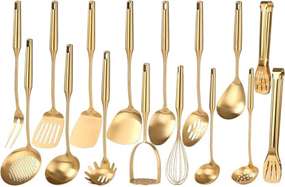 Gold Cooking Utensils Set - 18/10 Stainless Steel Large and Small Spoons Set, 16 PCS All Metal Kitchen Tools, Serving Utensils - Whisk, Masher, Fork, Tongs, Spatula, Ladle, Skimmer, Turner, Pasta