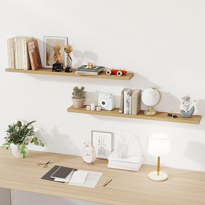 Fun Memories 48 Inch Floating Shelves for Wall, Set of 2 – Rustic Wood Wall-Mounted Shelves with Invisible Brackets for Bedroom, Bathroom, Kitchen – Storage, Books, or Decor, Oak