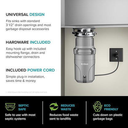 KRAUS® WasteGuard™ High-Speed 1/2 HP Continuous Feed Ultra-Quiet Motor Garbage Disposal with Power Cord and Flange Included and Universal Mount