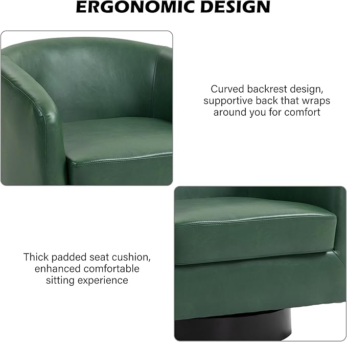 Swivel Barrel Accent Chair, Modern Round Faux Leather Arm Chair for Living Room, Bedroom, Comfy Club Reading Chairs for Adults(Faux Leather, Green, Set of 4)