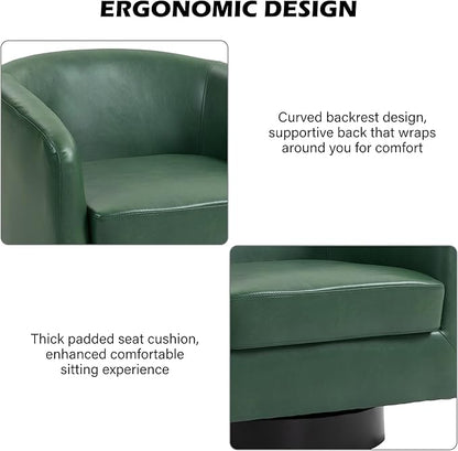 Swivel Barrel Accent Chair, Modern Round Faux Leather Arm Chair for Living Room, Bedroom, Comfy Club Reading Chairs for Adults(Faux Leather, Green, Set of 4)