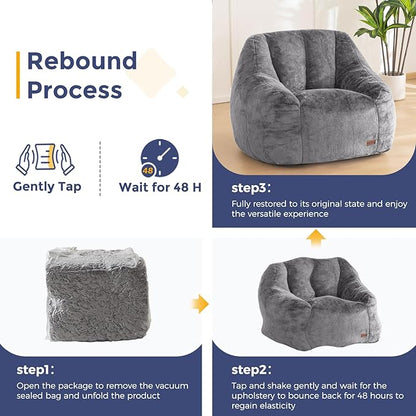 MAXYOYO Bean Bag Chair, Comfy Bean Bag Sofa with Back Support, Faux Fur Bean Bag Chair for Adults and Kids, Stuffed Floor Sofa for Living Room, Bedroom, Apartment, Grey