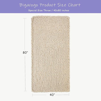 Bigacogo Chunky Knit Throw Blanket for Couch, 40x80 inches, 100% Hand Knitted with Thick Jumbo Chenille Yarn, Cozy Soft Large Rope Knot Cable Crochet Blankets for Sofa Bed Living Room, Beige