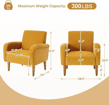 Chenille Fabric Accent Chair, Upholstered Armchair with Solid Wood Legs, Modern Living Room Accent Chair, Comfy Single Sofa Chair Reading Club Chair for Bedroom Reception Lounge, Yellow