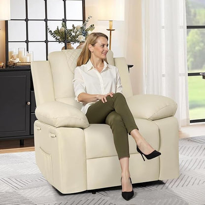 Recliner Chair with Electric Massage Adjustable Footrest & Heat, Manual Leather Recline for Adults Living Room Remote Control (Beige)