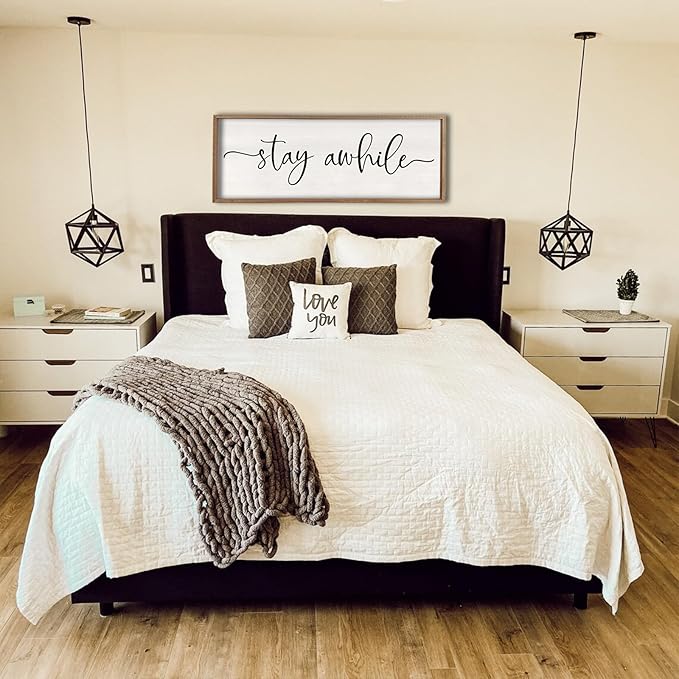 Stay Awhile Sign Wall Decor 40"X15" Large Solid Wood Frame For Hallway Living Room Entryway Farmhouse Wall Art Lets Stay Family Home Rustic Hanging Decoration (Wood)