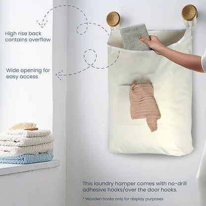 The Fine Living Co. Hanging Laundry Hamper with Over Door Hooks & Adhesive, Durable Space Saving Laundry Bag with Zipper and Wide Open Top, Hanging Dorm Laundry Hamper 18"x4.75"x28" (Beige-L)