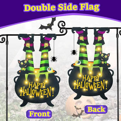 Halloween Lighted Garden Flag for Outside, Witch Feet Shape Flag Yard Decor, 8 Modes Double Sided Cauldron Eyeball Black Cat Outdoor Hlloween Decorations for Home Porch (Warm White-28x40)