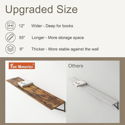 Fun Memories Deep Floating Shelves, 55W x 12D Floating Shelves for Wall, Wood Floating Shelf with Bracket, Wide Display & Storage Wall Shelves for Living Room, Bedroom, Rustic Brown