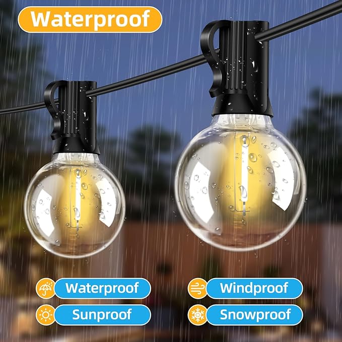 100FT G40 LED Outdoor String Lights with 50 Shatterproof Bulbs + 2 Spares, E12 Socket, 2700K Warm White, Weatherproof Black Cable, for Patio, Backyard, Wedding, Party, Porch, Deck, Gazebo, Camping