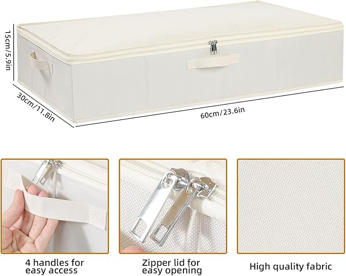 Under the Bed Storage Bins, Closet Organizers with Reinforced Handles for Blanket, Sheets, Pillows, Towels, Shoes, Beige, 2 Pack, 23.6 x 11.8 x 5.9 Inch