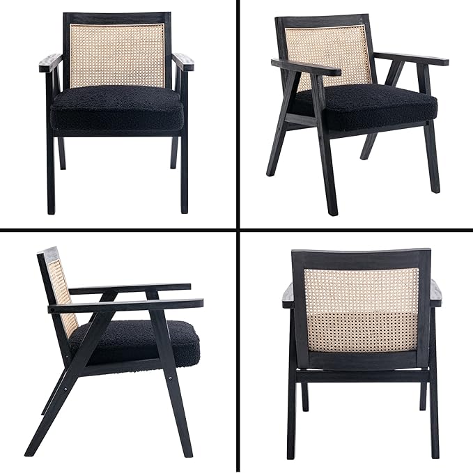 Accent Rattan Chairs Set of 2, Faux Fur Upholstered Living Room Chairs with Cane Back, Retro Mid Century Modern Cane Chair Armchair for Reception Reading Indoor Outdoor, Black