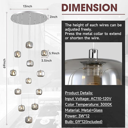 Flush Mount Chandelier,Crystal Pendant Light with 12 G9 LED Bulbs,Chandelier Hanging Flush Mount Lighting Fixtures for Spiral Staircase,Foyer,Entryway,Living Room(12 Lights,3000K)