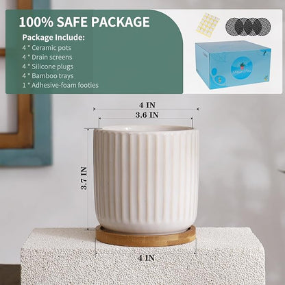 TAMAYKIM 4 Inch Ceramic Plant Pots with Drainage Holes, Modern Flower Planter with Saucer for Indoor Plants, Succulent, Cactus & Herbs, White, Set of 4 (Plants Not Included)