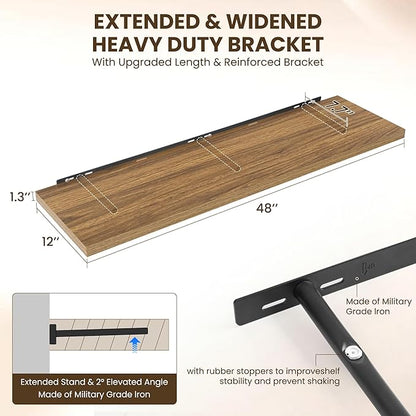 48" Floating Shelves for Wall, 12" Deep Slim Walnut Floating Shelves, Wall-Mounted Shelves for Bedroom, Living Room, Kitchen, Bathroom - Set of 2
