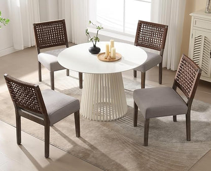 Kmax Farmhouse Dining Chairs Set of 6, Rustic Kitchen Chairs with Linen Fabric Seat and Woven Back, Vintage Accent Chairs for Dining Room, Living Room, Grey