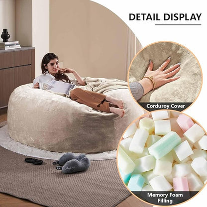 6FT,Oversized Bean Bag Chairs for Adults,Giant beanbag with Filler Included，Fluffy Memory Foam,Soft and Comfy Corduroy Fabric,Gaming Chairs Suitable for Living Room and Bedroom (Apricot, 6 Foot)