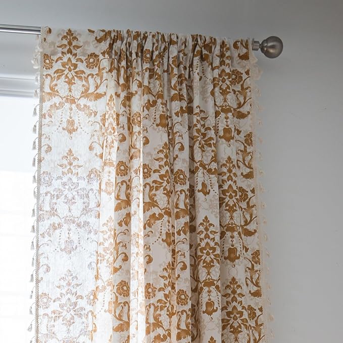 Sutuo Home Boho Curtains 84 Inches Length for Bedroom Living Room, Printed Moroccan Cotton Linen Rod Pocket Rustic Farmhouse Bohemian Tassels Window Treatment, 1 Panel 59" W x 84" L, Brown Damask