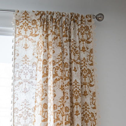 Sutuo Home Boho Curtains 63 Inches Length for Bedroom Living Room, Printed Moroccan Cotton Linen Rod Pocket Rustic Farmhouse Bohemian Tassels Window Treatment, 1 Panel 59" W x 63" L, Brown Damask