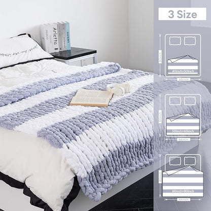 Chunky Knit Blanket - Luxury Soft Cozy 60 * 80 Throw Blanket,100% Woven Blanket Rope Knot Throw Blanket for Couch, Sofa, Home Decor, Gift - Machine Washable（White/Light Gray）