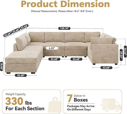 Modular Sectional Sofa with Chaise U Shaped Sectional Couch for Living Room, 7-Seater Comfy Cloud Couches with One Movable Ottoman, Plush Corduroy, Beige