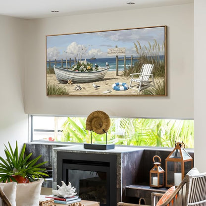 amatop Large Framed Wall Art for Living Room Nautical Beach Canvas Print Blue Flower Boat on Sandy Shore Ocean Seaside Landscape Coastal Artwork with Sea Birds Rustic Bedroom Office Home Decor 48×24 Inch