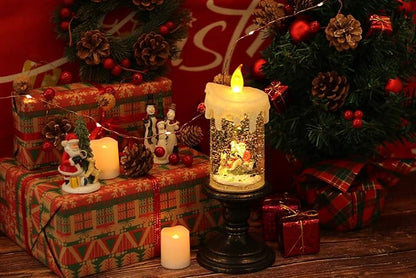 Eldnacele Battery Operated Lighted Flameless Candles Christmas Snow Globe Candle Light Swirling Water Glittering Spinning Candles for Home Decoration(Santa)