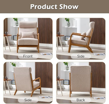INZOY Mid Century Modern Accent Chair Set of 2, High Back Reading Armchair with Wood Frame, Upholstered Living Room Chairs with Waist Cushion, Single Lounge Arm Chair for Bedroom Sunroom, Beige