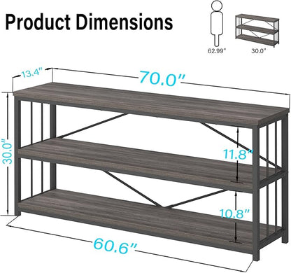LVB 3-Tier Rustic Console Table, Extra Long Entryway Table with Storage, Industrial Skinny Wood Metal Sofa Table with Shelf, Modern Narrow Hallway Table for Foyer Living Room Bedroom, Dark Gray, 70 In