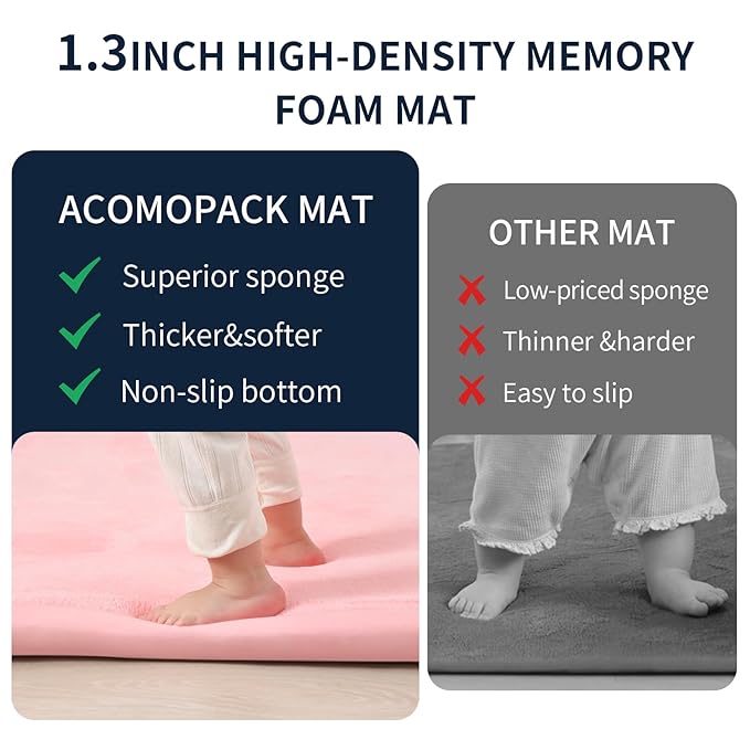 ACOMOPACK Baby Play Mat for Floor 1.3" Thick Memory Foam Play Mat 79"×118" Tummy Time Crawling with Non-Slip Bottom for Living Room,Nursery,Soft Velvet Playpen Mats for Kids,Infants（Pink）