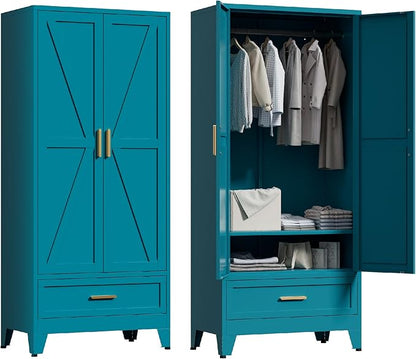 71'' Farmhouse Metal Wardrobe Cabinet with Hanging Rod, 2 Barn Door Wardrobe Closet with Adjustable Shelves,Drawer,for Dining Room,Bedroom,Living Room, Cloak Room,Office (Peacock Blue)