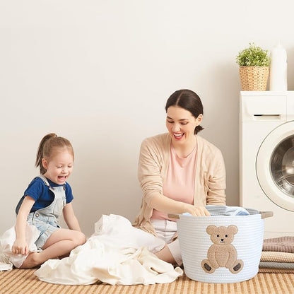 INough Cotton Rope Basket Toy Storage Baskets for kids Laundry Hamper, Gift Basket Empty Baby Shower Baskets with Handles, Cute Bins Blanket Stuffed Animal Storage for Nursery, Living Room Decor, Bear