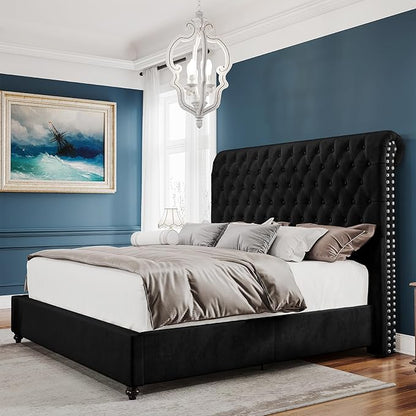 PaPaJet King Bed Frame Upholstered Platform Bed Frame with 52.8'' Tall Sleigh Headboard, Button Tufted, No Box Spring Needed, Easy Assembly, Black