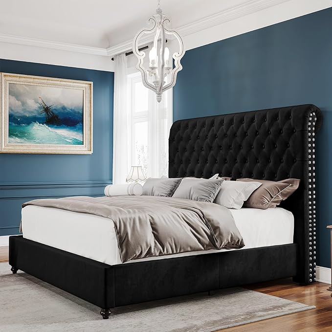 PaPaJet Bed Frame Queen Size Upholstered Platform Bed with 52.8'' Tall Sleigh Headboard, Button Tufted, No Box Spring Needed, Easy Assembly, Black