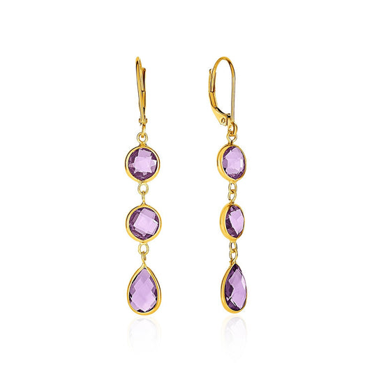 Boucles d'oreilles pendantes avec améthystes rondes et en forme de poire en or jaune 14 carats