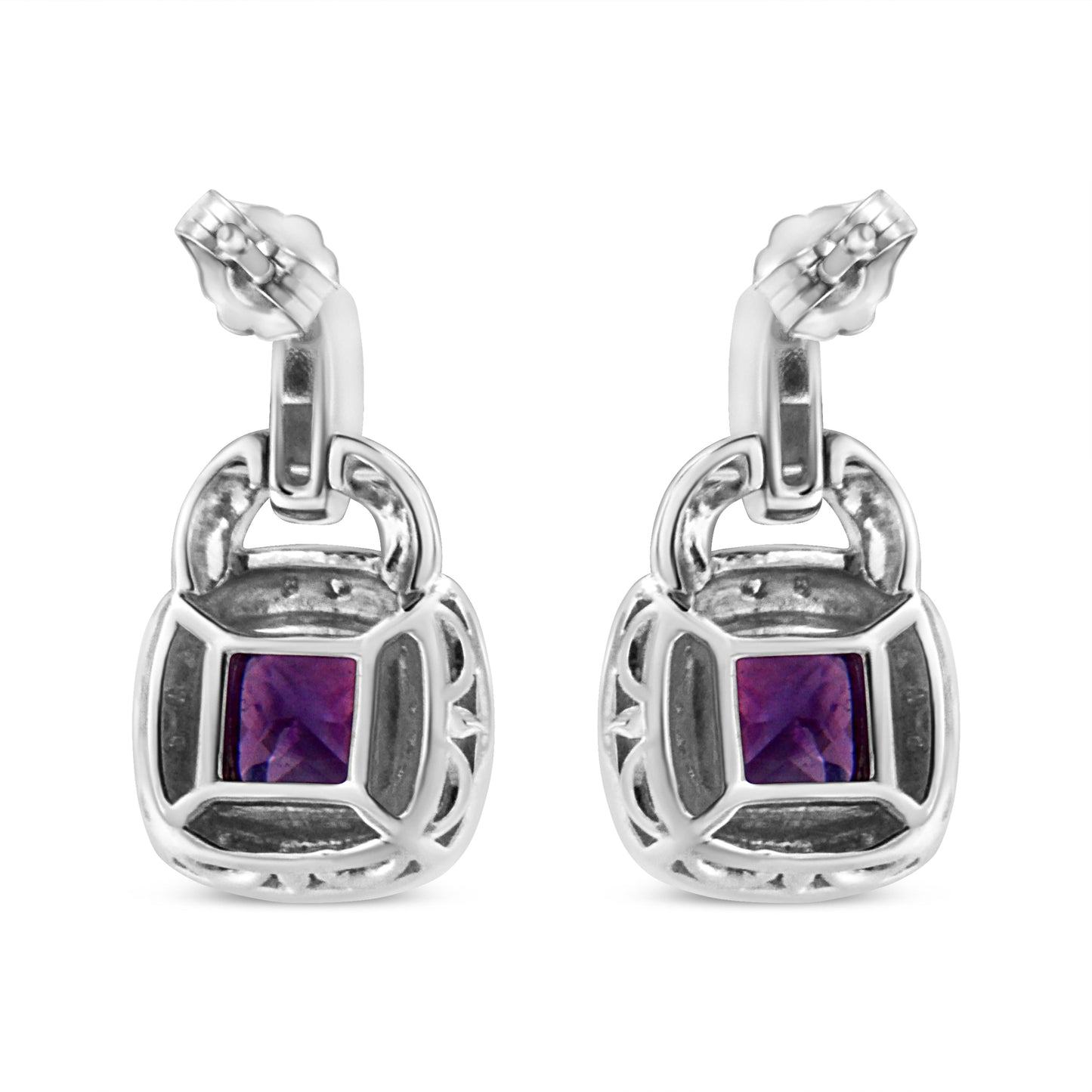 .925 Sterling Silver 8MM Natural Cushion Shaped Amethyst and Diamond Accent Halo with Push Back Dangle Earrings (I-J Color, I2-I3 Clarity)