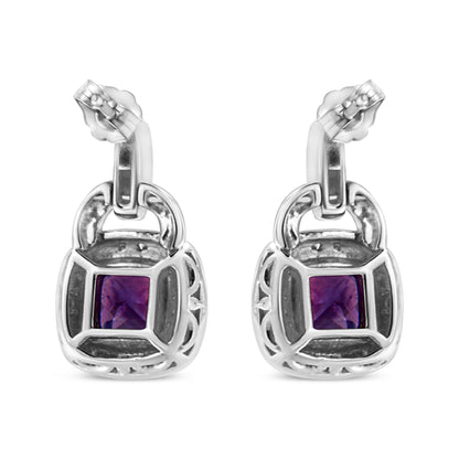 .925 Sterling Silver 8MM Natural Cushion Shaped Amethyst and Diamond Accent Halo with Push Back Dangle Earrings (I-J Color, I2-I3 Clarity)