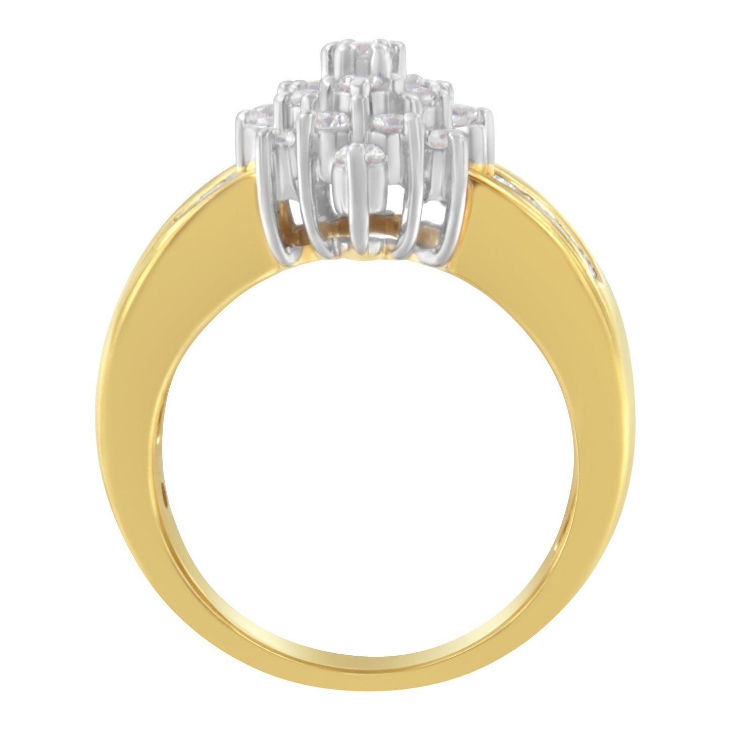 10K Yellow Gold 1.0 Cttw Round & Baguette Cut Diamond Floral Cluster Double-Channel Flared Band Statement Ring (H-I Color, SI2-I1 Clarity) - Size 6-1/2