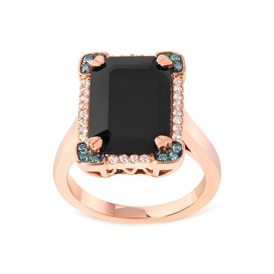 Bague cocktail en or rose 14 carats avec onyx noir taille émeraude 15x10 mm et halo de diamants bleus et blancs 1/5 carat (couleur G-H, pureté SI1-SI2) – Taille 7