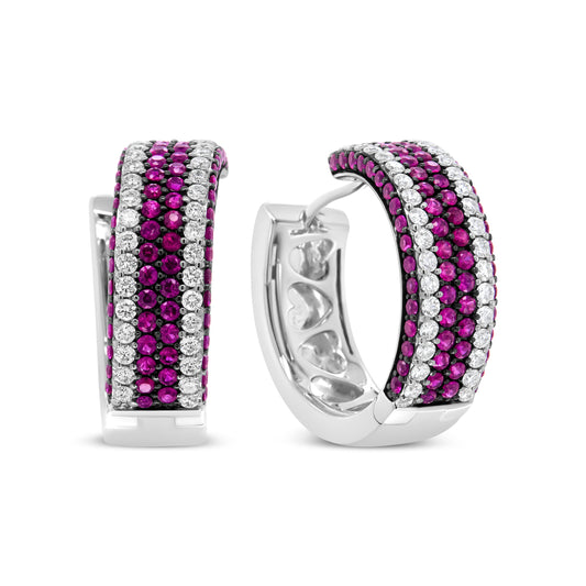 Créoles ouvertes 18 carats en or blanc avec diamant de 1,87 carat total et rubis ronds rouges de 1 mm (couleur F-G, pureté VS1-VS2)
