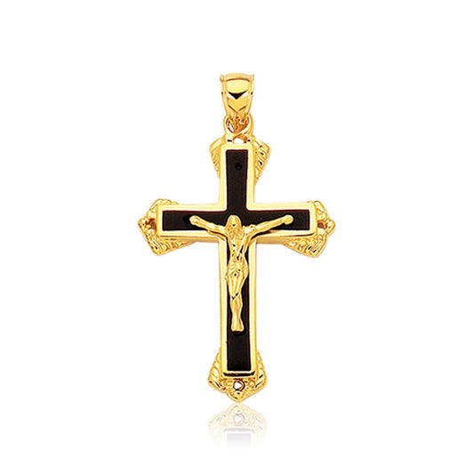 Pendentif croix en or jaune 14 carats et onyx noir